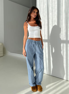 front view of model wearing Princess Polly Veridian Pants Blue Stripe Mid Rise 