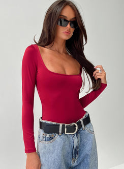 back view of model wearing Princess Polly Ellery Bodysuit Red Long Sleeve Tops 
