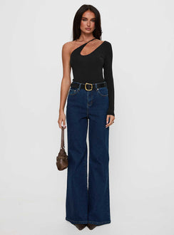 front view of model wearing Princess Polly Play Pretend One Sleeve Bodysuit Black Full Sleeves 