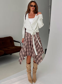   front view of model wearing Princess Polly Scholar Asymmetrical Midi Skirt Brown Check Midi Skirts 