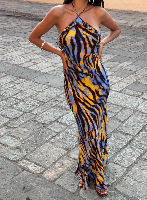 front view of model wearing Princess Polly Virginia Beach Backless Maxi Dress Blue Zebra High Neck 