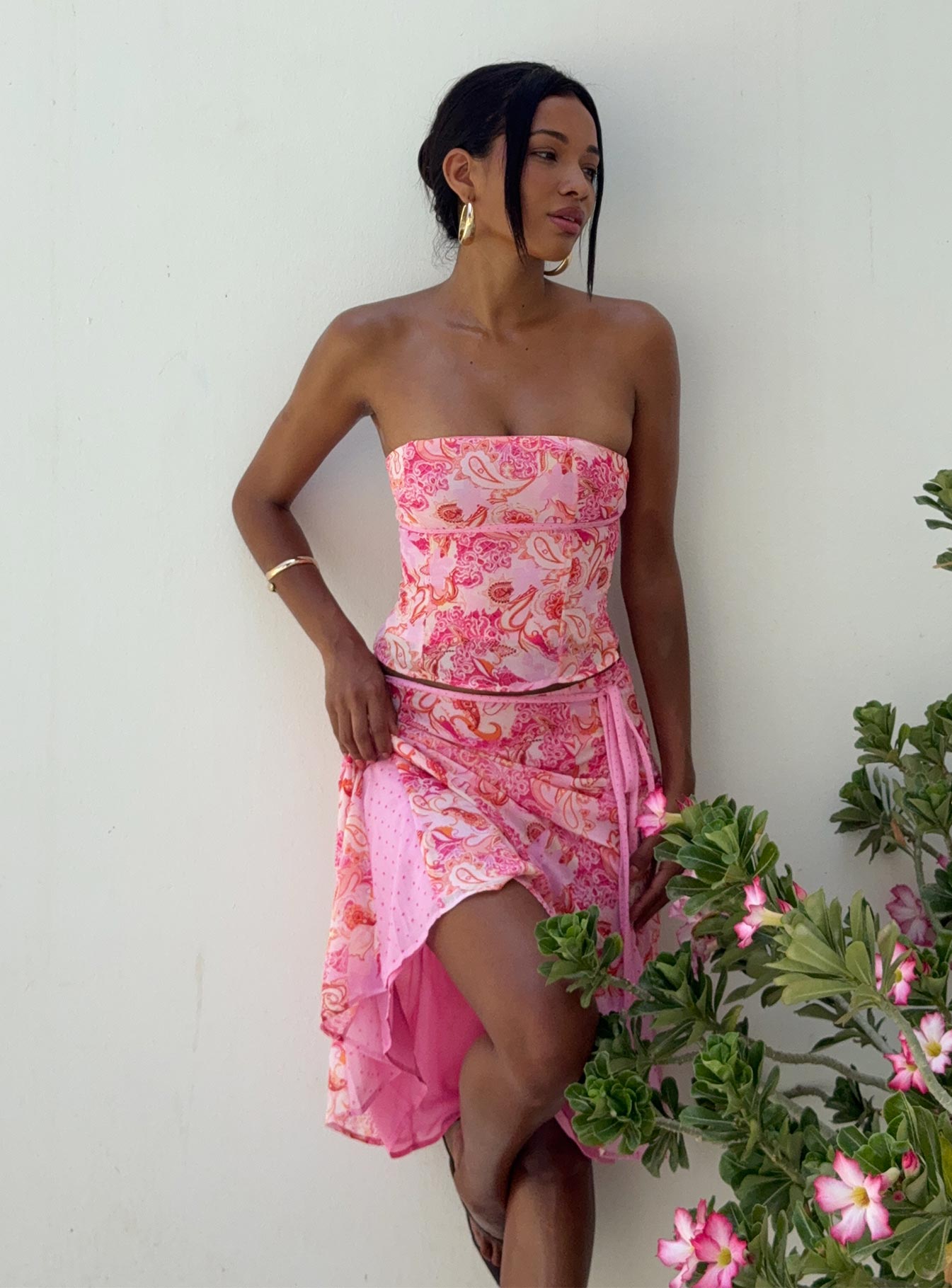 back view of model wearing Princess Polly Tipsy Midi Skirt Pink Paisley Midi Skirts 