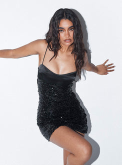 Alishia Satin Sequin Corset Mini Dress Black
