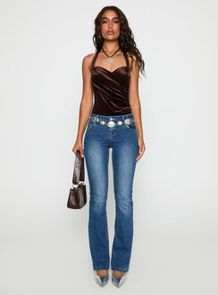 back view of model wearing Princess Polly Ruelle Halter Bodysuit Brown Sleeveless 