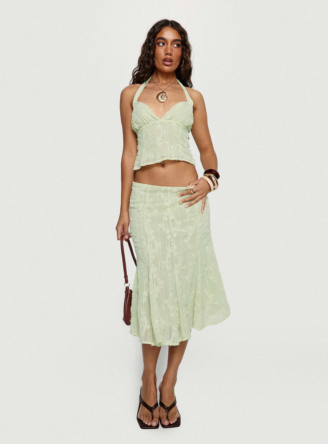   front view of model wearing Princess Polly Aspyn Embroidered Midi Skirt Sage Green Midi Skirts 
