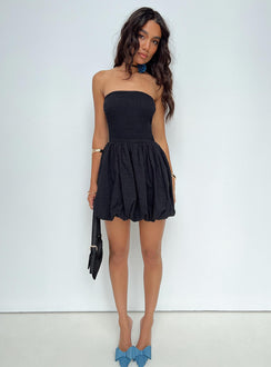 front view of model wearing Princess Polly Serenele Strapless Bubble Hem Mini Dress Black Straight Neck 