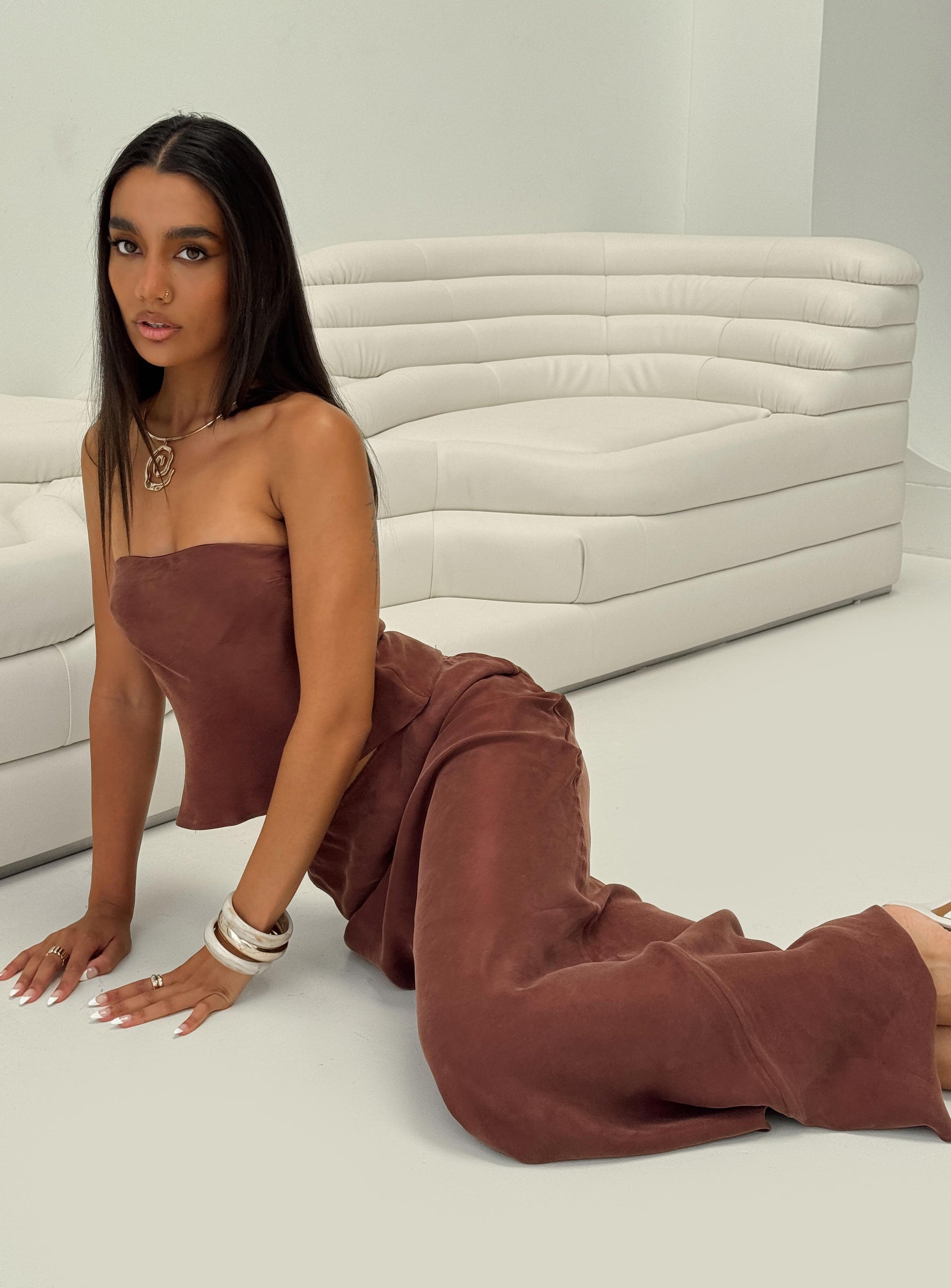 front view of model wearing Princess Polly Lucelia Strapless Top Brown Sleeveless straight 