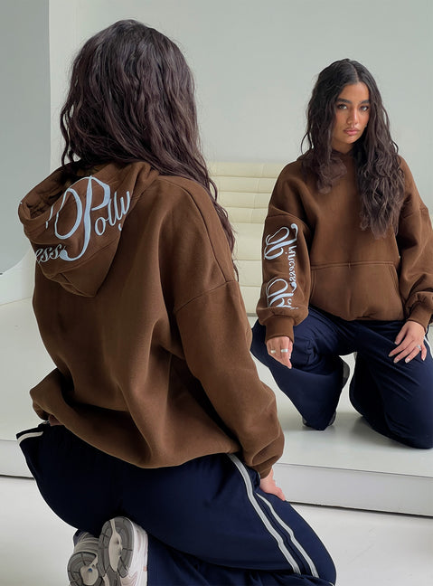 back view of model wearing Princess Polly Princess Polly Script Text Graphic Hoodie Brown / Blue Long 