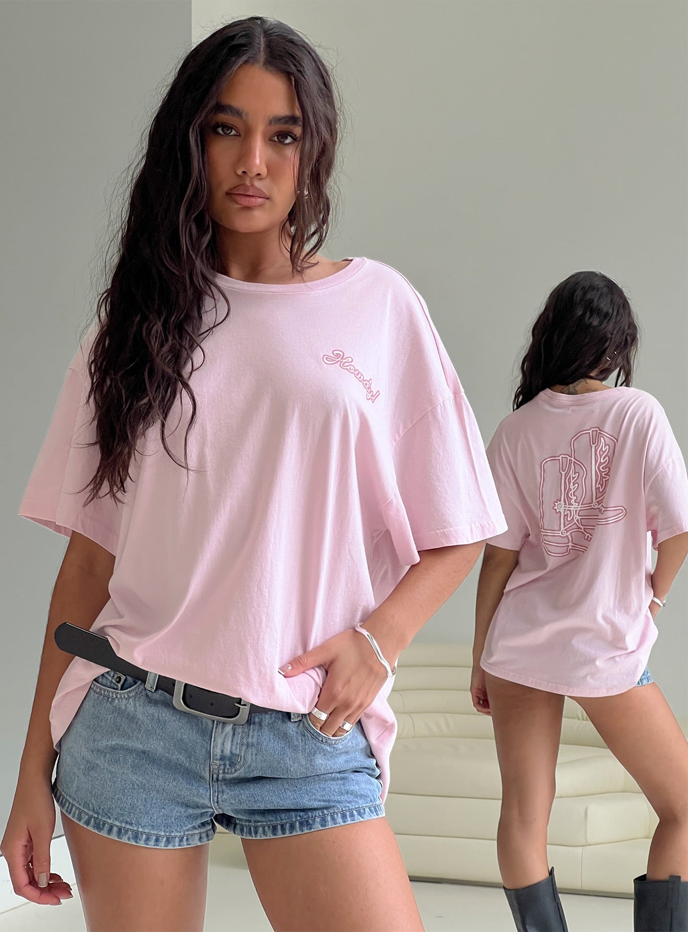 Howdy Partner Oversized Graphic Tee Pink