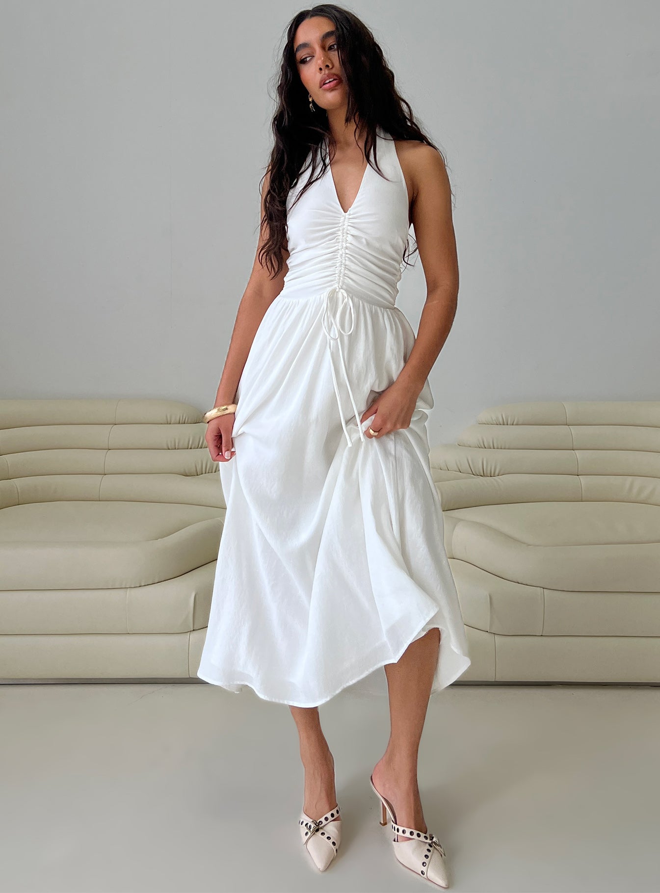 Jozefine Halter Ruched Maxi Dress White