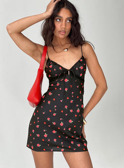 front view of model wearing Princess Polly Emilee Mini Dress Black / Floral Plunger 