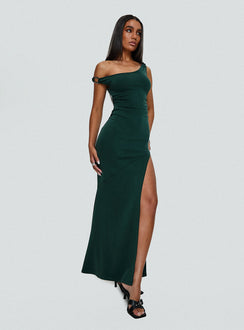 side view of model wearing Princess Polly Rios One Shoulder Maxi Dress Green Scoop Neck 