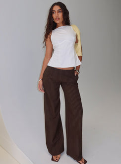 front view of model wearing Princess Polly Khane Low Rise Wide Leg Pant Brown Pinstripe Low Rise Pants 