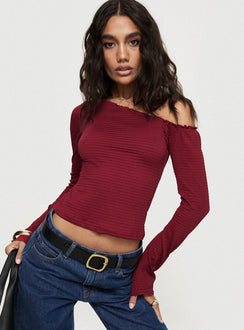 Opulent One Shoulder Top Maroon Full Sleeves Asymmetric Neckline 