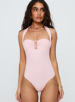 front view of model wearing Princess Polly Swaying Buckle Detail Bodysuit Pink Sleeveless 