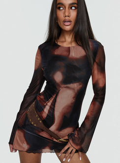 front view of model wearing Princess Polly Nyxia Long Sleeve Mini Dress Multi Scoop Neck 