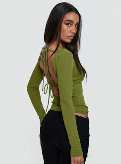back view of model wearing Princess Polly I Know You Backless Long Sleeve Top Green Full Sleeves Boat Neck 
