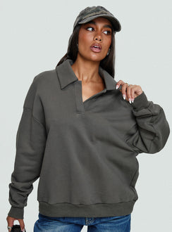 front view of model wearing Princess Polly Back Around Collared Fleece Jumper Slate 