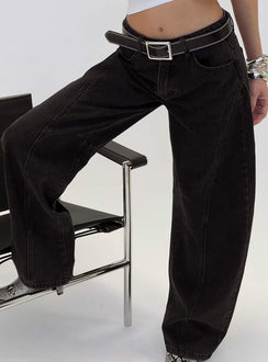 side view of model wearing Princess Polly Lost Track Mid Rise Barrel Leg Jeans Washed Black Mid Rise Jeans 