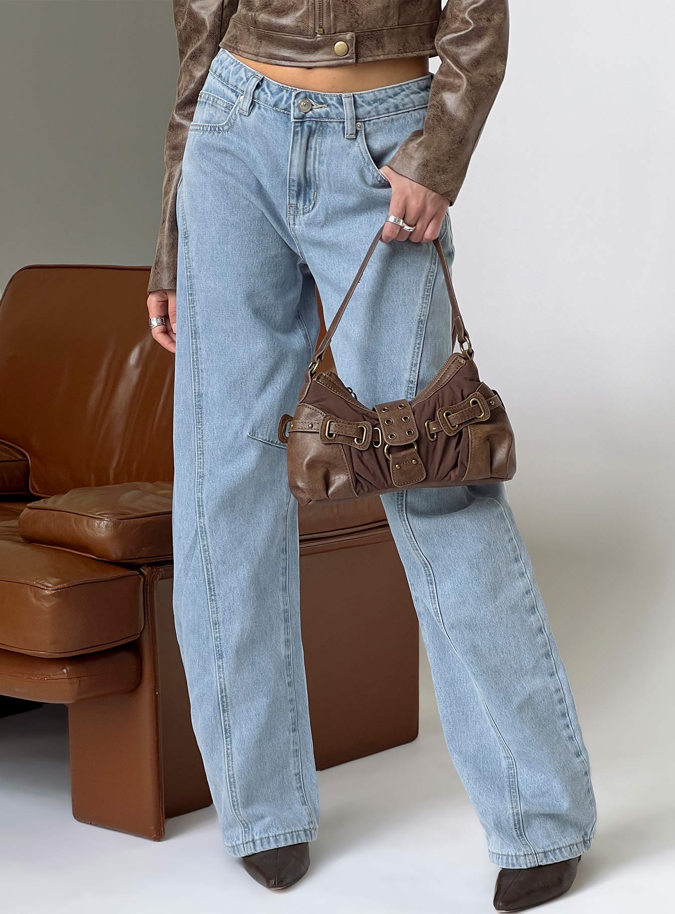 front view of model wearing Princess Polly Lost Track Mid Rise Barrel Leg Jeans Ice Wash Mid Rise Jeans 