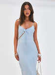 front view of model wearing Princess Polly Linger Bias Cut Maxi Dress Blue V-Neck 