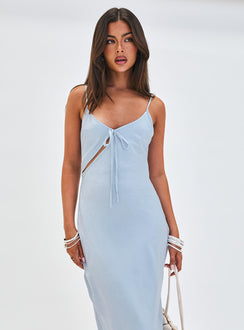 front view of model wearing Princess Polly Linger Bias Cut Maxi Dress Blue V-Neck 