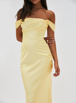 back view of model wearing Princess Polly Azura Off The Shoulder Maxi Dress Yellow Straight Neck 