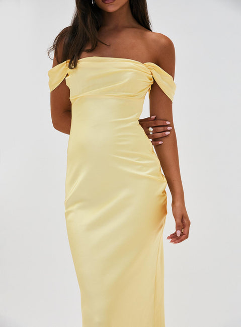 back view of model wearing Princess Polly Azura Off The Shoulder Maxi Dress Yellow Straight Neck 