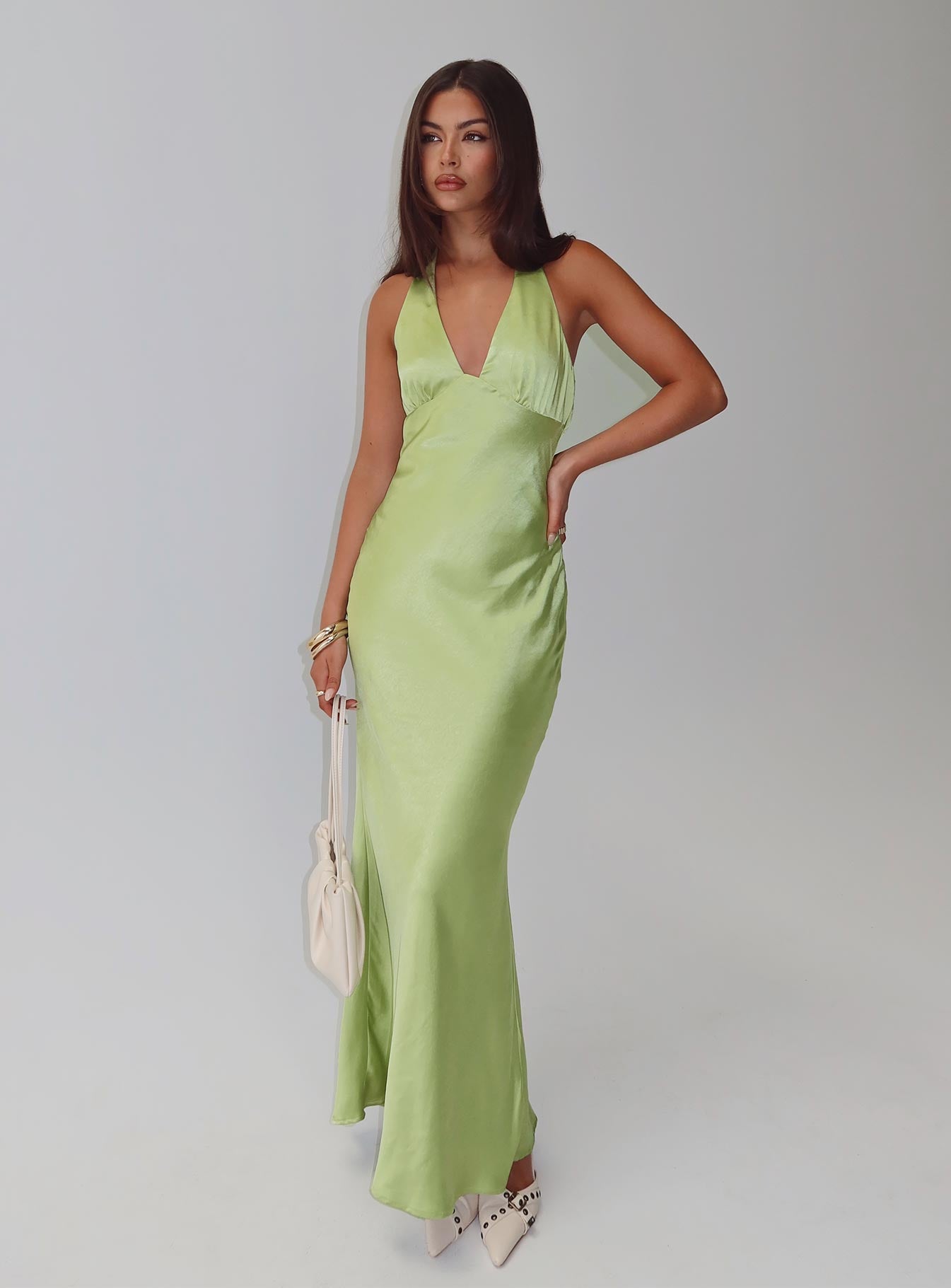 front view of model wearing Princess Polly Gloriana Halter Maxi Dress Green Plunger 
