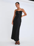 side view of model wearing Princess Polly Blackthorn Maxi Dress Black Sweetheart Neckline 