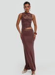 front view of model wearing Princess Polly Vesperine Lace Maxi Dress Cocoa Brown High Neck 