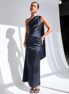 front view of model wearing Princess Polly Dulcia One Shoulder Maxi Dress Blue Asymmetric Neckline 
