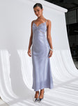 side view of model wearing Princess Polly Treasure Bias Cut Maxi Dress Blue V-Neck 