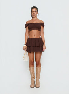 Ackee Ruched Off Shoulder Top Brown
