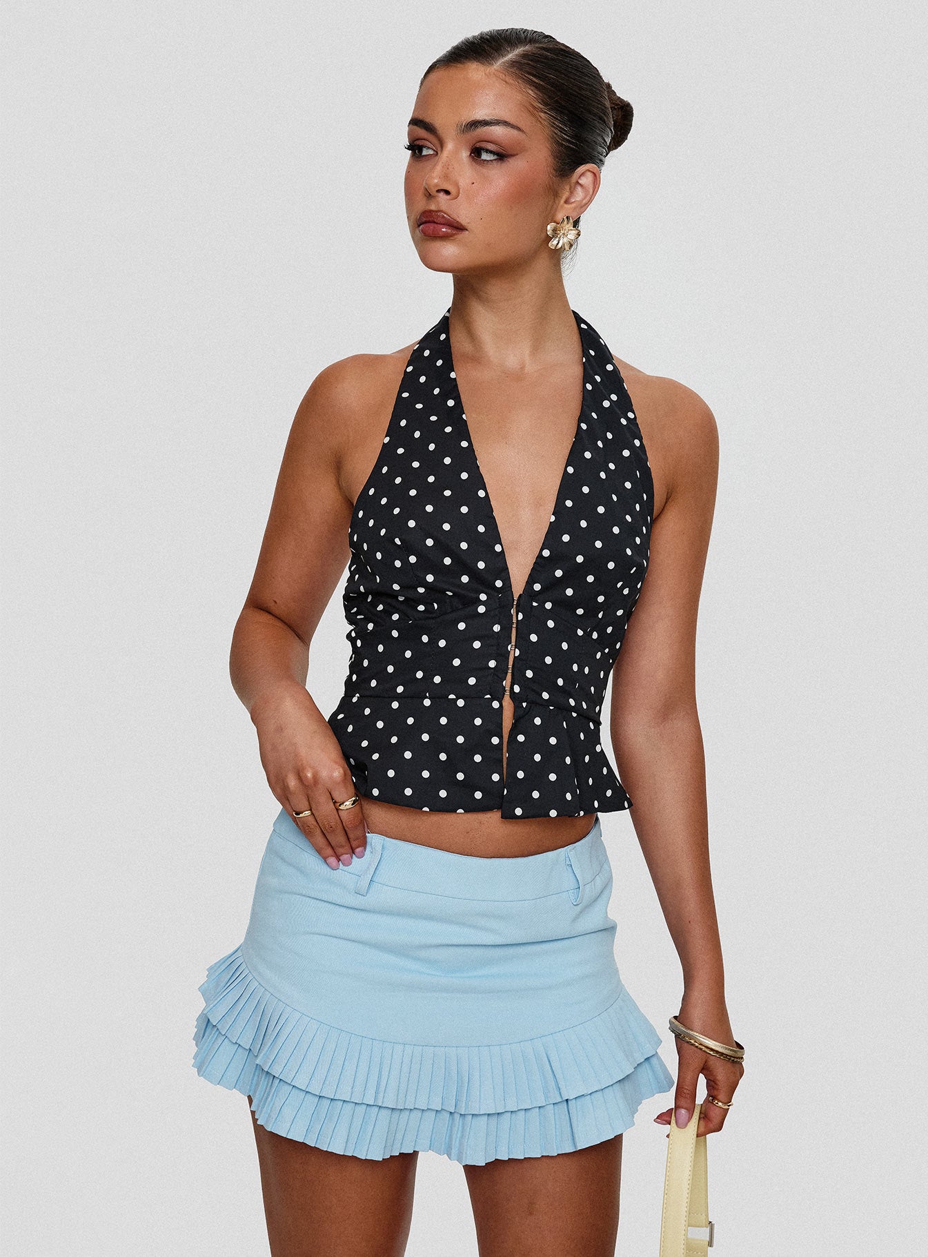 front view of model wearing Princess Polly Pleasing Top Polka Dot Sleeveless Plunger 