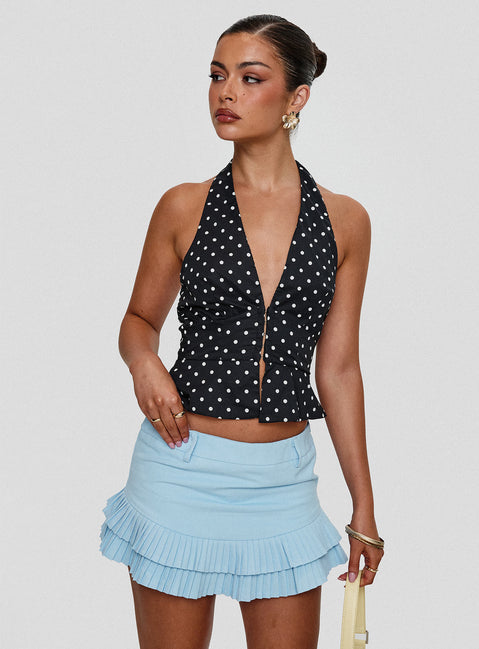 front view of model wearing Princess Polly Pleasing Top Polka Dot Sleeveless Plunger 