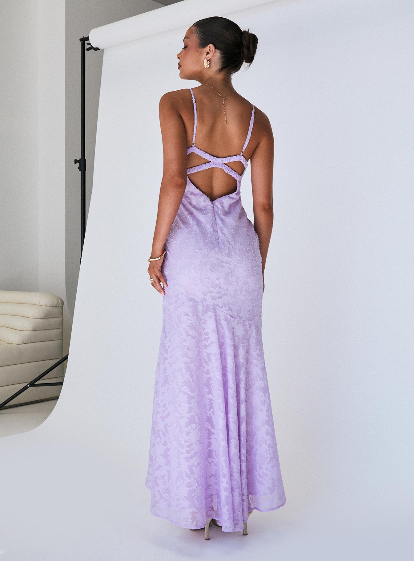 back view of model wearing Princess Polly Cyrene Maxi Dress Lilac Plunger 