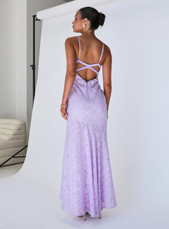 back view of model wearing Princess Polly Cyrene Maxi Dress Lilac Plunger 