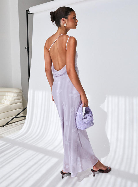 back view of model wearing Princess Polly Jazmira One Shoulder Maxi Dress Lilac Asymmetric Neckline 