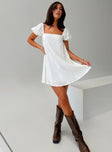 front view of model wearing Princess Polly Beyond Linen Blend Mini Dress White Square Neck 