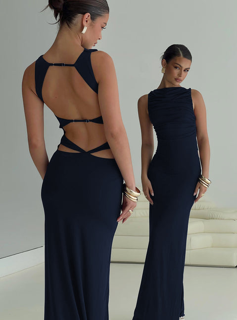 back view of model wearing Princess Polly Undeniable Cut Out Maxi Dress Navy High Neck 