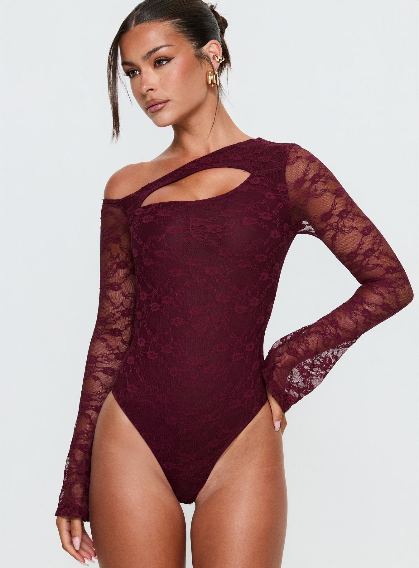 front view of model wearing Princess Polly Macaria Long Sleeve Lace Bodysuit Red Long Sleeve Tops 