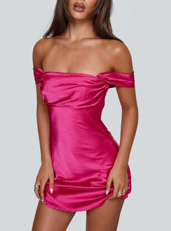side view of model wearing Princess Polly Zabbarra Off The Shoulder Mini Dress Hot Pink Straight Neck 