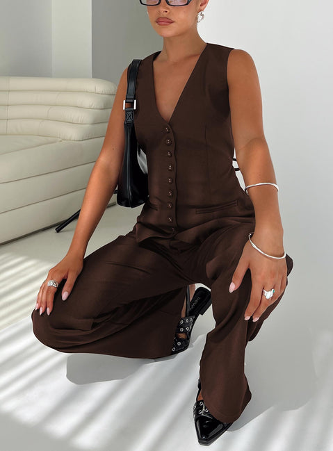 front view of model wearing Princess Polly Ambient Longline Button Up Top Chocolate Sleeveless V-Neck 