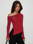 back view of model wearing Princess Polly Donalla Off The Shoulder Hardware Detail Top Red Full Sleeves Asymmetric Neckline 