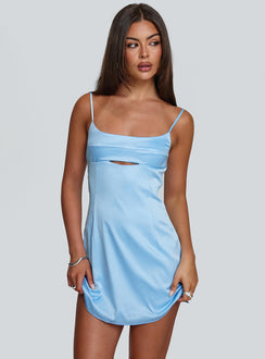 front view of model wearing Princess Polly Powell Mini Dress Light Blue Scoop Neck 