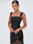 side view of model wearing Princess Polly Radioactive Bias Cut Maxi Dress Black Square Neck 