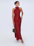 front view of model wearing Princess Polly Mordecai Halter Maxi Dress Burgundy High Neck 