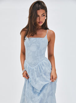 back view of model wearing Princess Polly Angeleina Maxi Dress Blue Floral Square Neck 