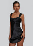 side view of model wearing Princess Polly Tremont Mini Dress Black Sweetheart Neckline 